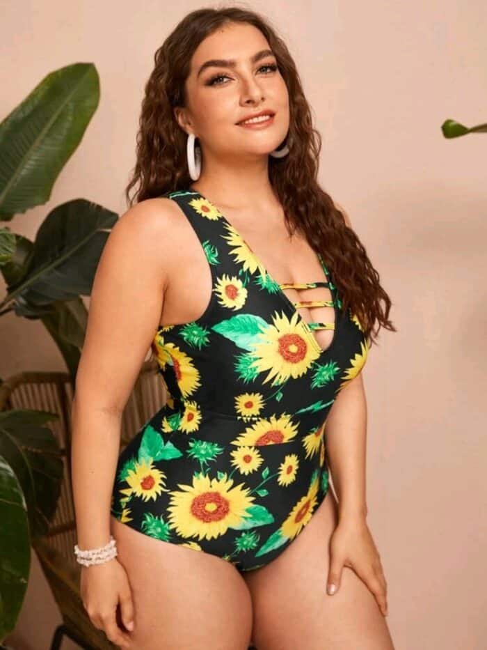 Plus Sunflower Print Cross Back One Piece Swimsuit