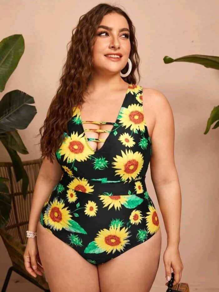 Plus Sunflower Print Cross Back One Piece Swimsuit â Women's Store
