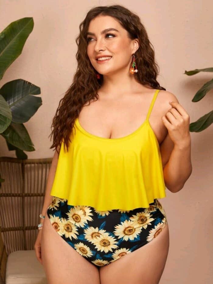 Plus Sunflower Print Flounce Bikini Swimsuit