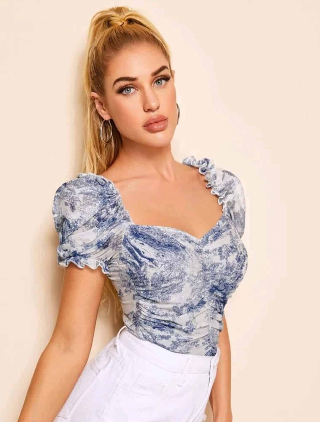 SHEIN Ruched Landscape Print Mesh Milkmaid Top - Image 4