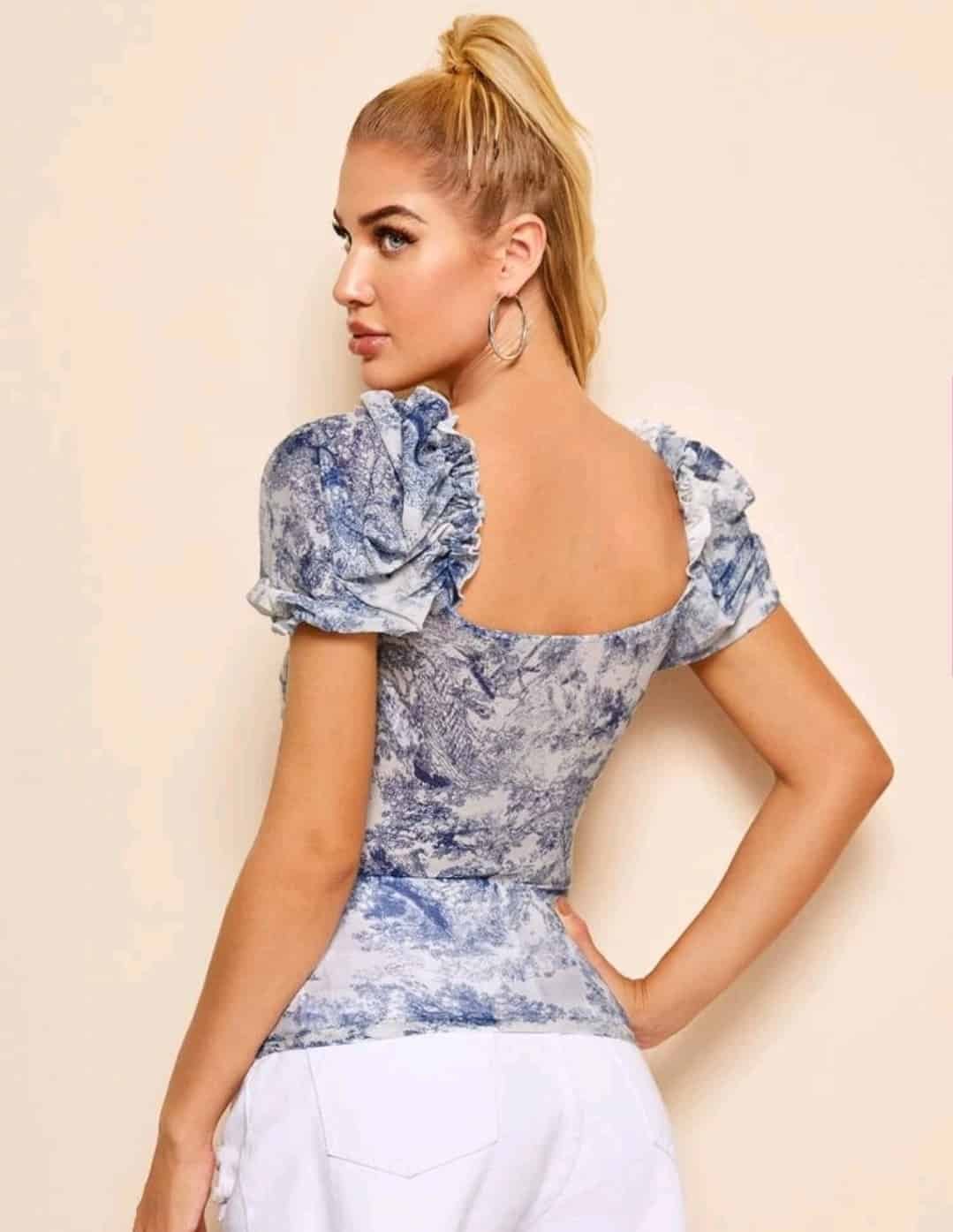 SHEIN Ruched Landscape Print Mesh Milkmaid Top - Image 5