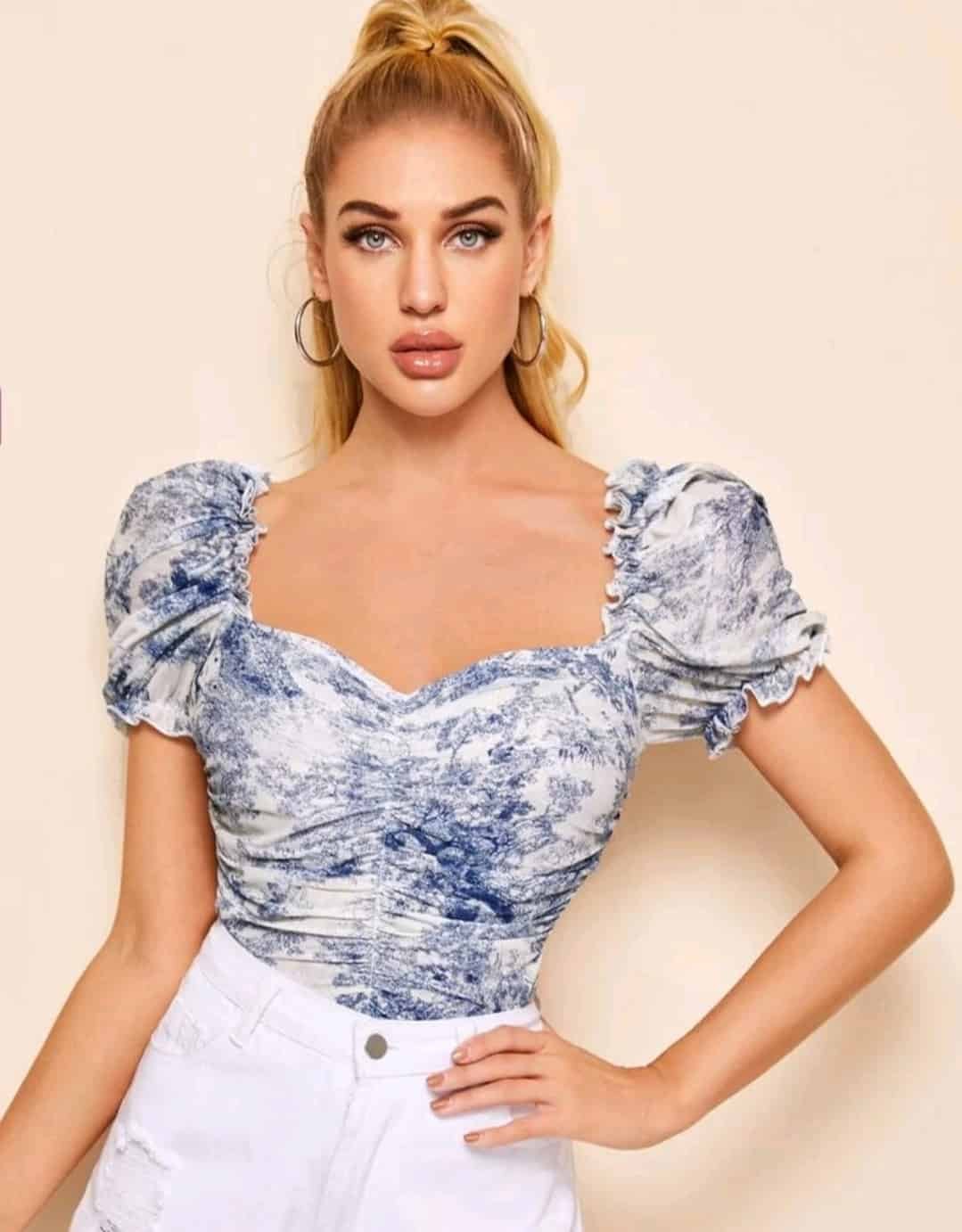 SHEIN Ruched Landscape Print Mesh Milkmaid Top