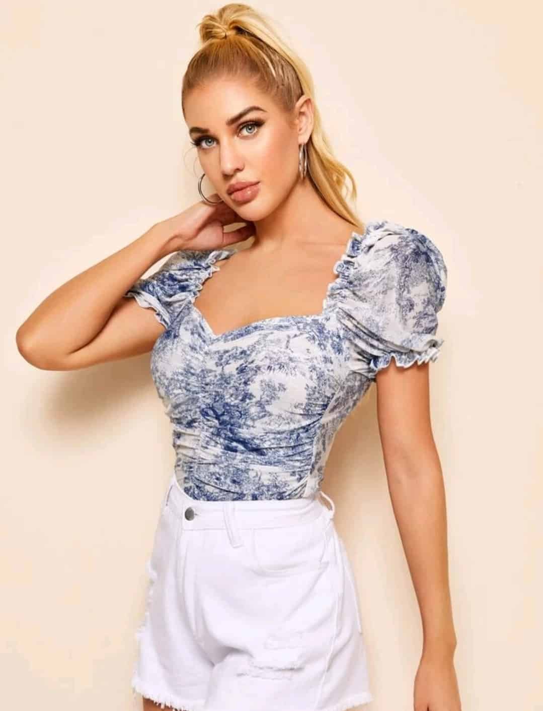 SHEIN Ruched Landscape Print Mesh Milkmaid Top - Image 3