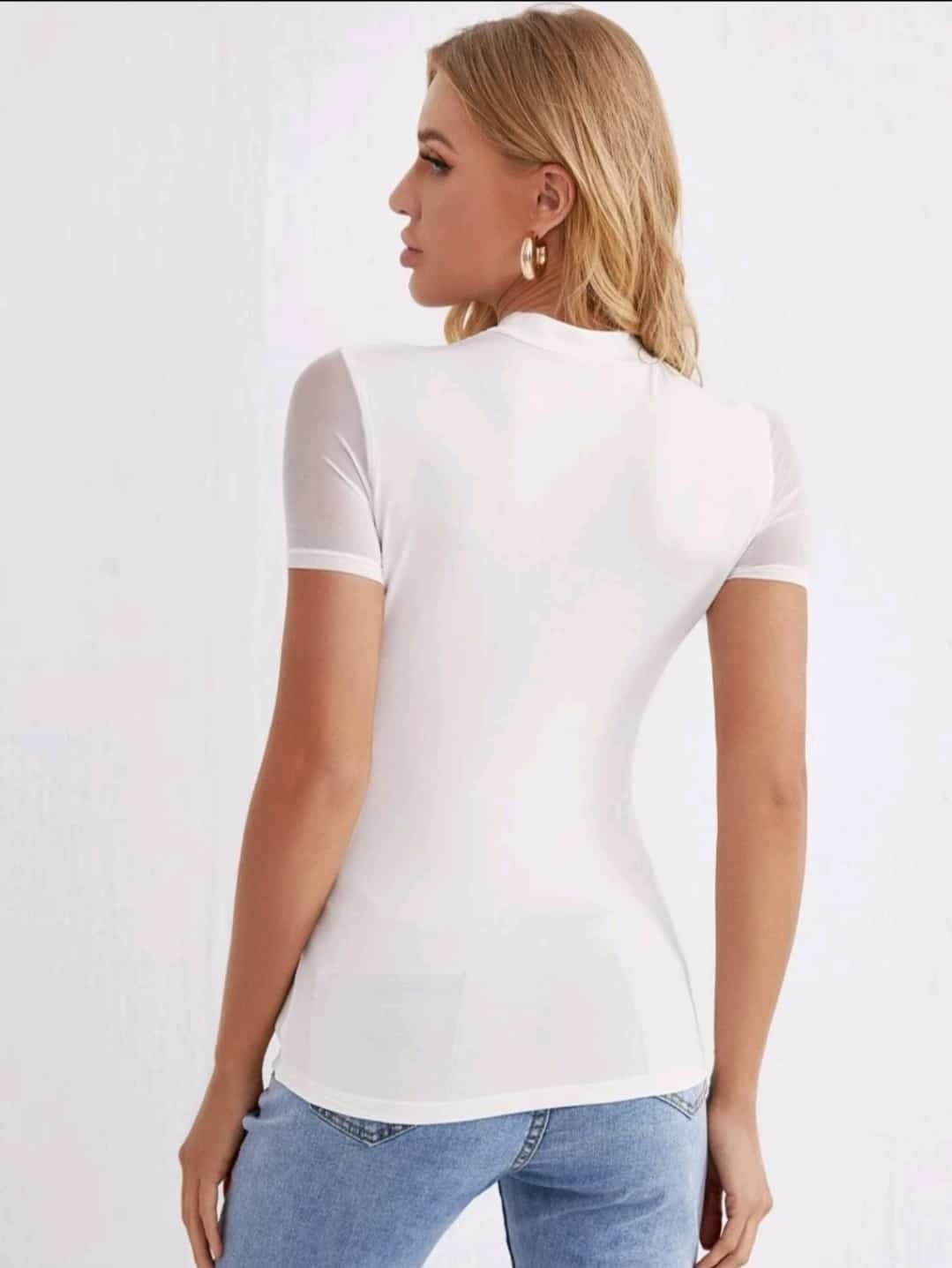 SHEIN Mock Neck Mesh Yoke & Sleeve Tee - Image 5