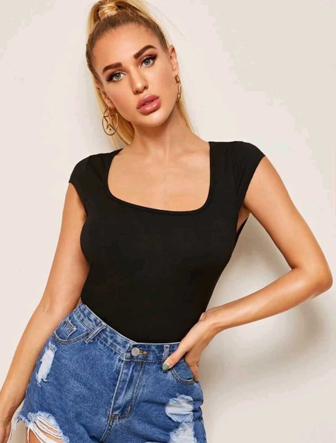 SHEIN Square Neck Solid Slim Tee