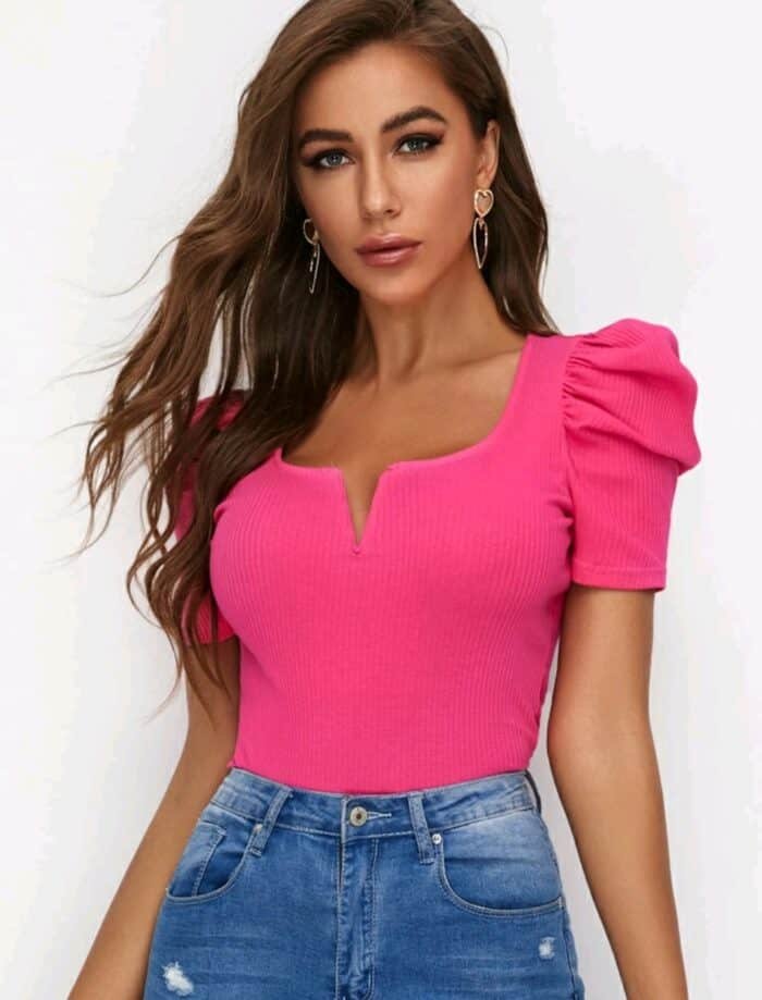 SHEIN Neon Pink Ribbed Puff Sleeve Top