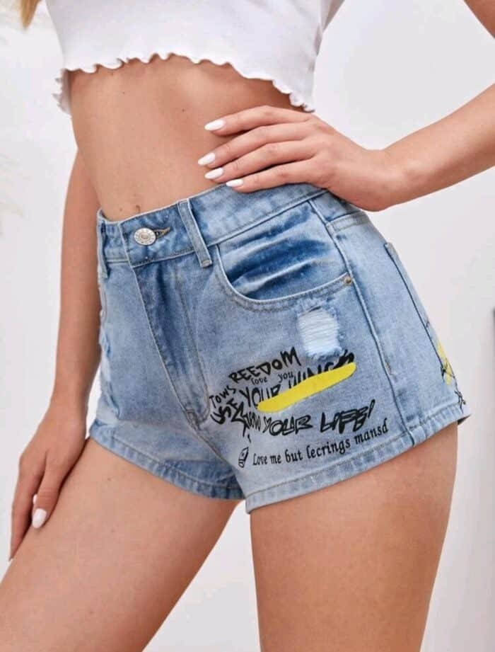 Zipper Fly Ripped Detail Slogan Graphic Denim Shorts