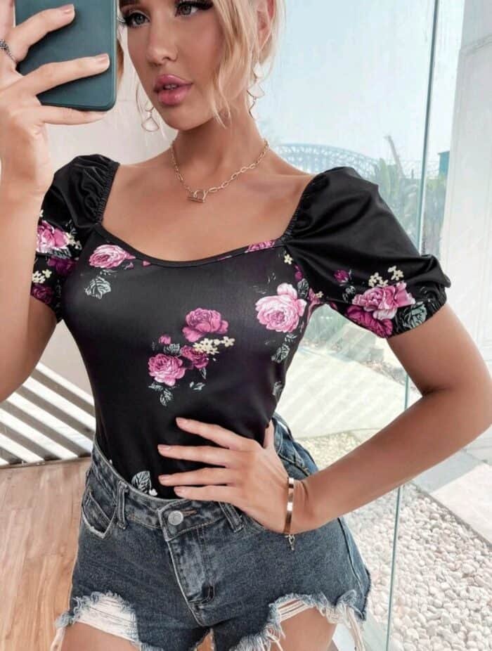 Puff Sleeve Floral Print Tee