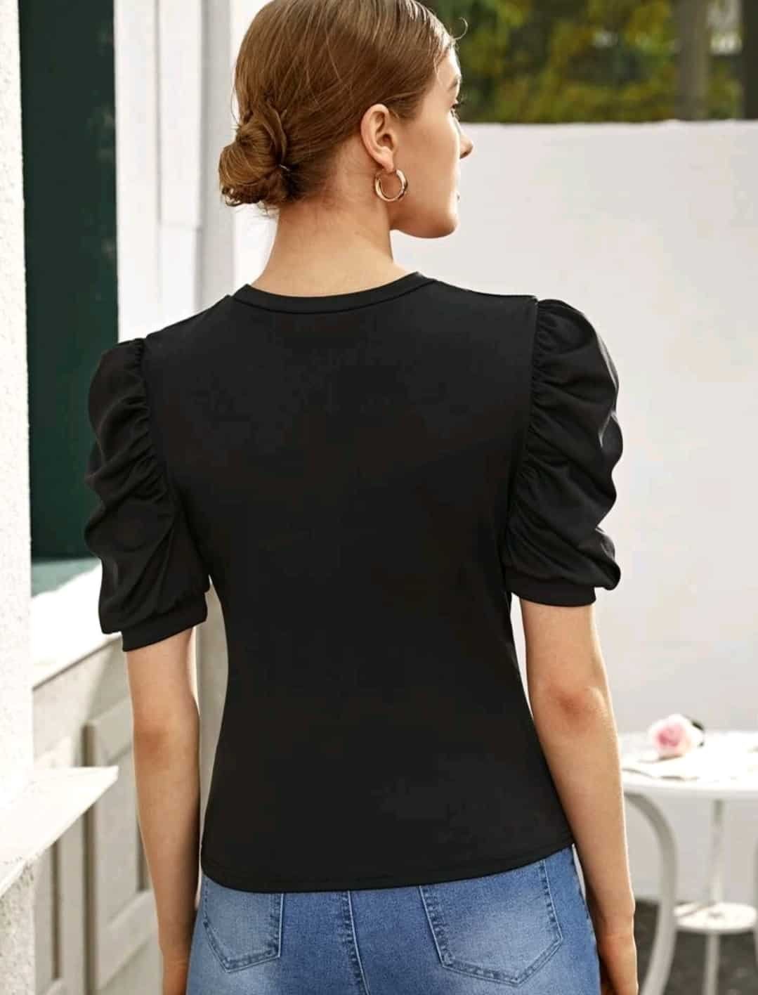 Solid Puff Sleeve Fitted Tee - Image 5