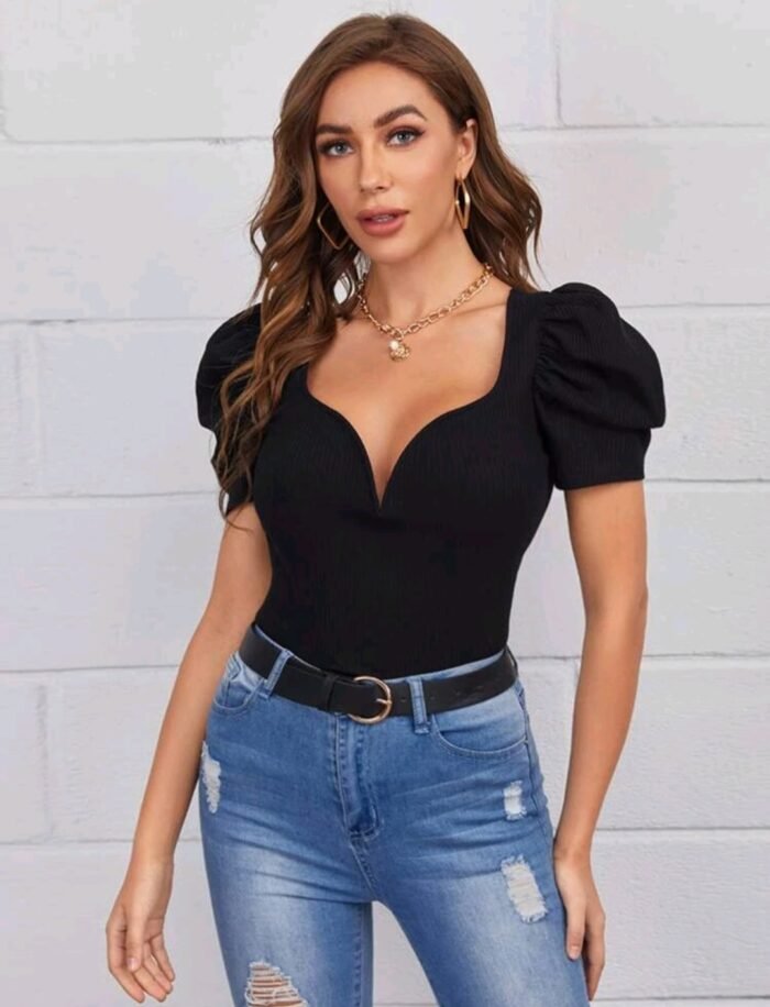 SHEIN Sweetheart Neck Puff Sleeve Rib-knit Tee