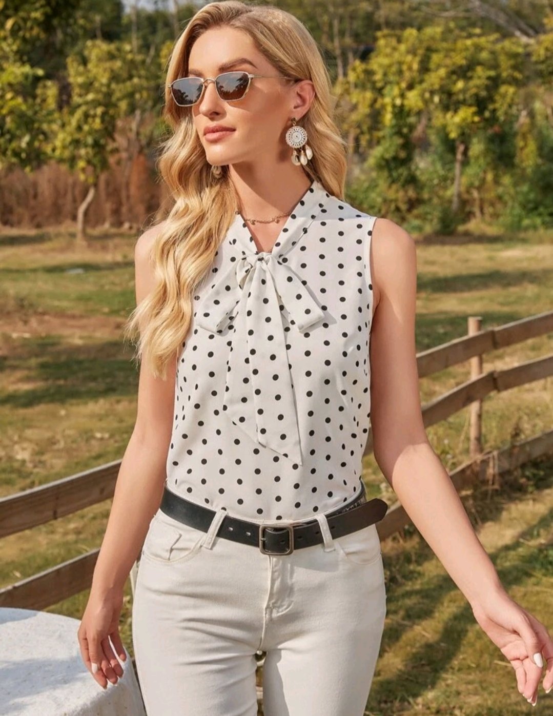 Polka Dot Tie Neck Chiffon Blouse - Image 5