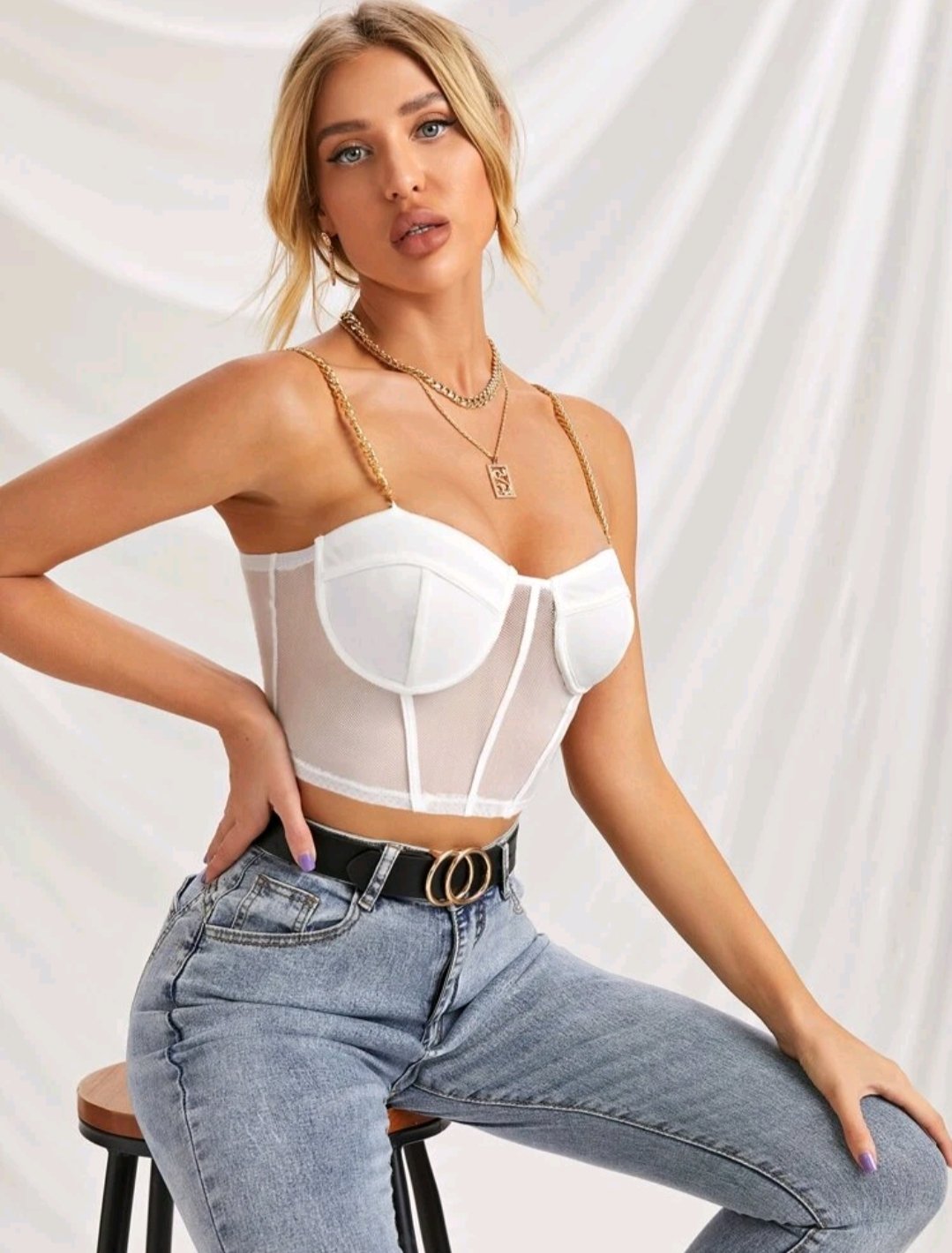 SHEIN Chain Strap Sheer Mesh Bustier Cami Top