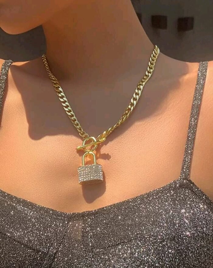 Rhinestone Lock Charm Necklace