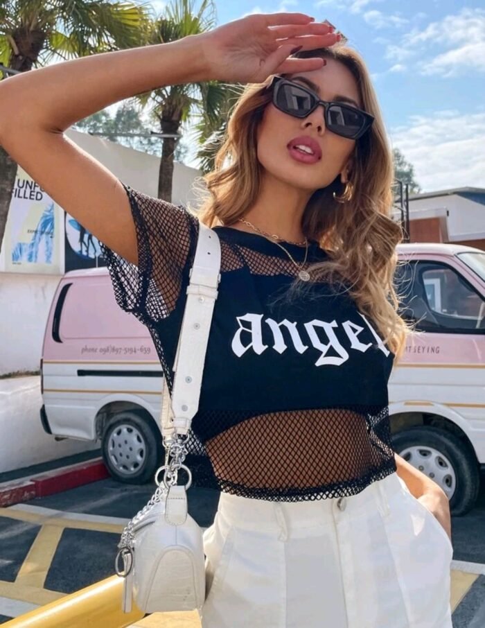 Contrast Fishnet Letter Graphic Top