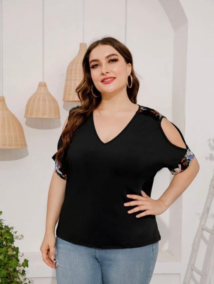 Plus Floral Print Cold Shoulder Tee