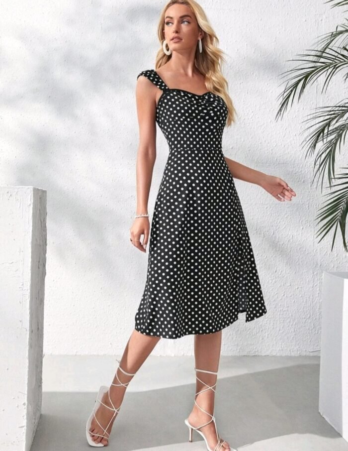 Ruched Front Split Thigh Polka Dot Print Dress