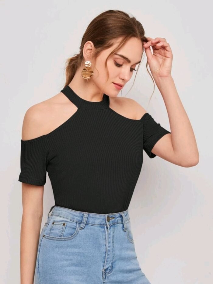 SHEIN Cold Shoulder Rib-knit Tee