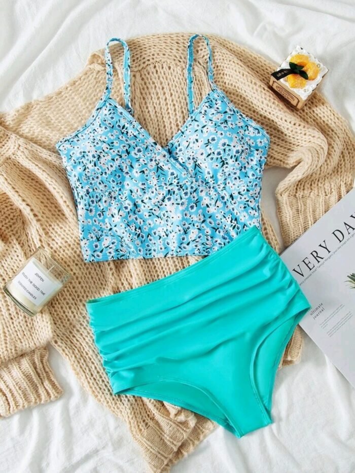 Ditsy Floral Ruched High Waisted Bikini Swimsuit