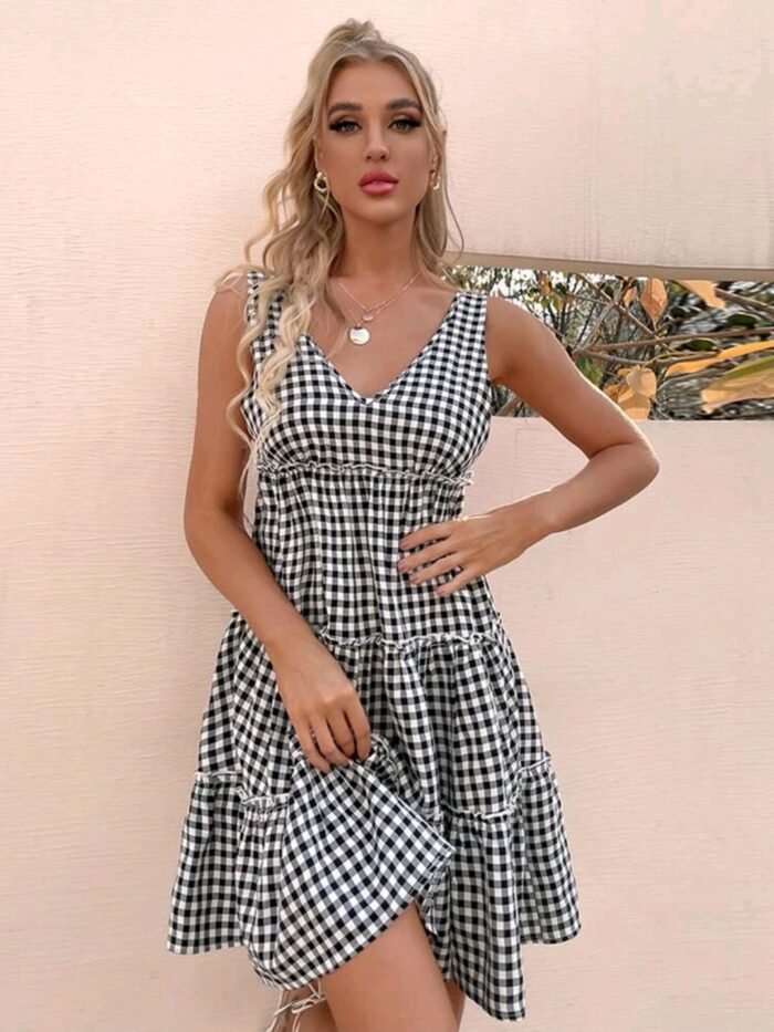 V-Back Frill Trim Gingham Dress
