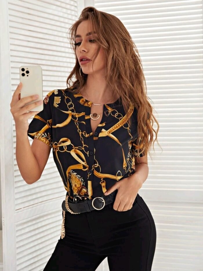 Notched Neck Chain Print Blouse