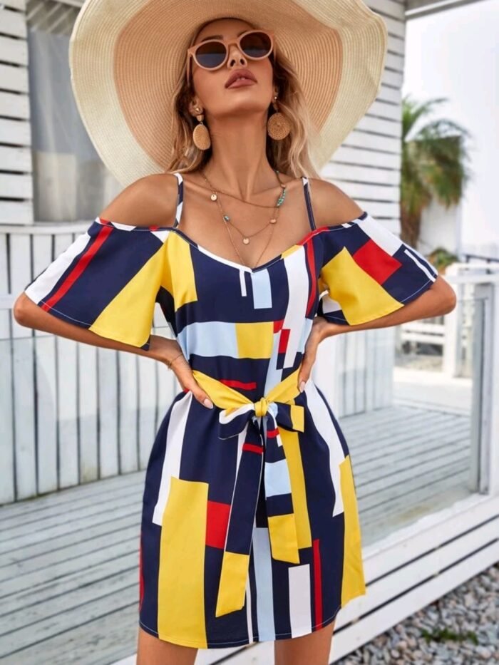 Geo Print Belted Cold Shoulder Dress