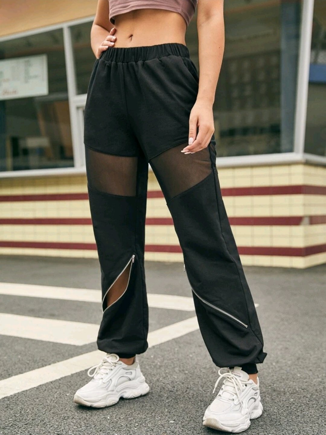 SHEIN Sheer Mesh Insert Zipper Detail Pants - Image 2