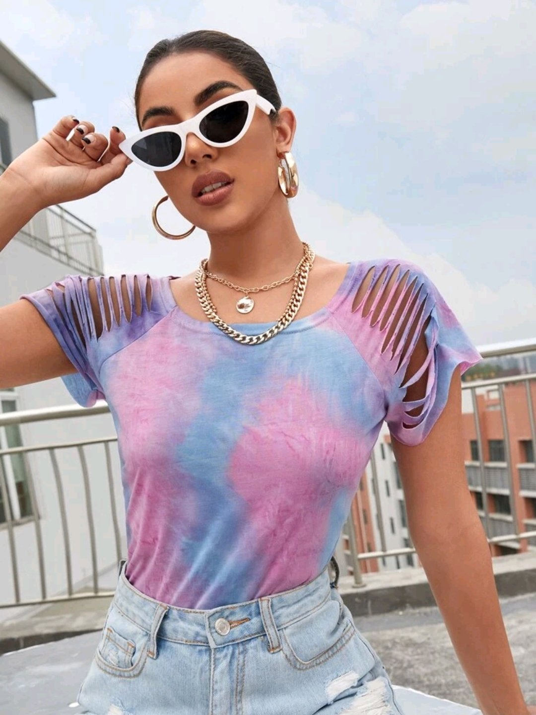 Tie Dye Ripped Raglan Sleeve Tee