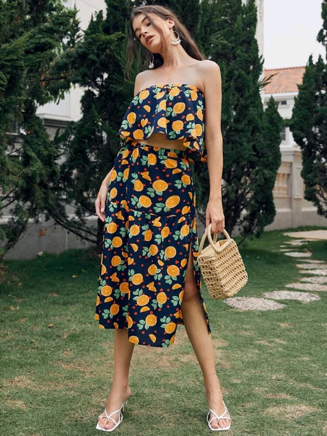 Lemon & Polka-dot Print Tube Top & Skirt Set