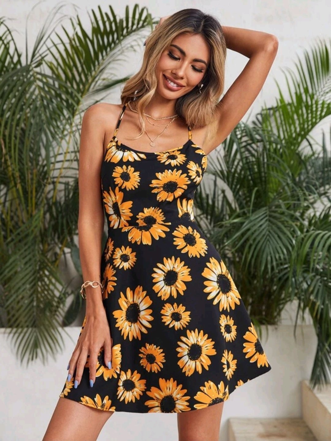 SHEIN Crisscross Tied Backless Sunflower Print Cami Dress