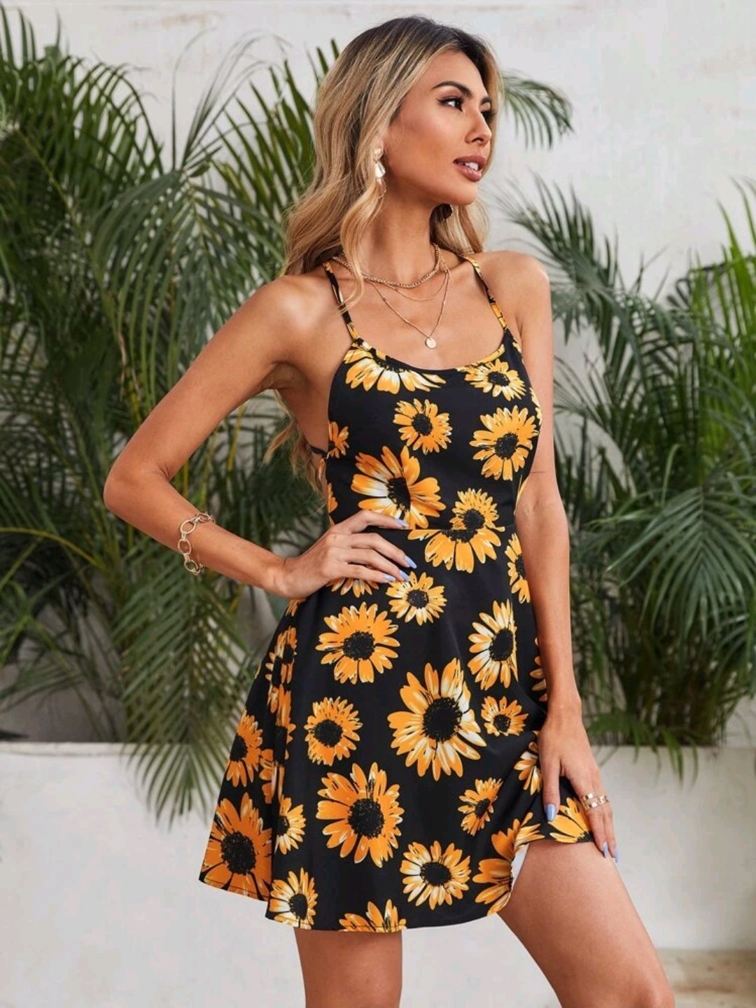 SHEIN Crisscross Tied Backless Sunflower Print Cami Dress - Image 3