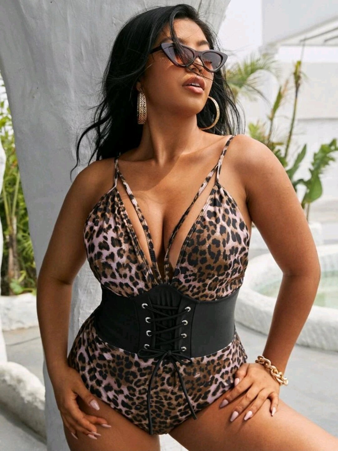 Plus Leopard Lace-up One Piece Swimsuit