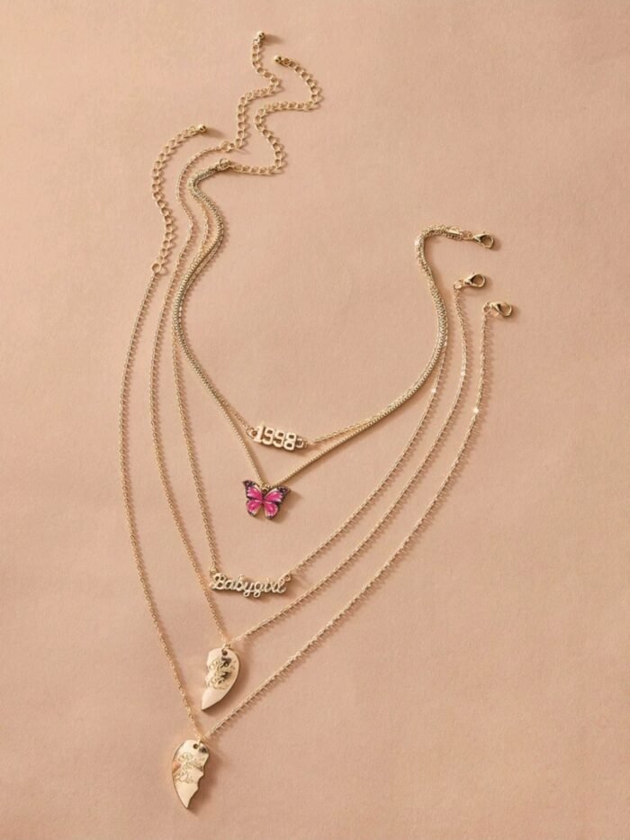 3pcs Butterfly & Letter Charm Necklace