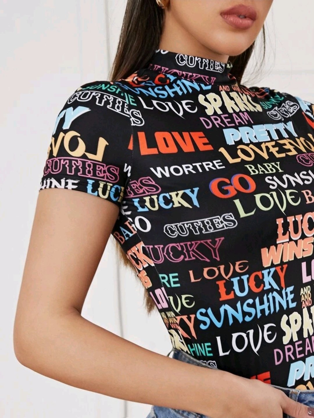 SHEIN Allover Letter Print Mock Neck Tee - Image 3