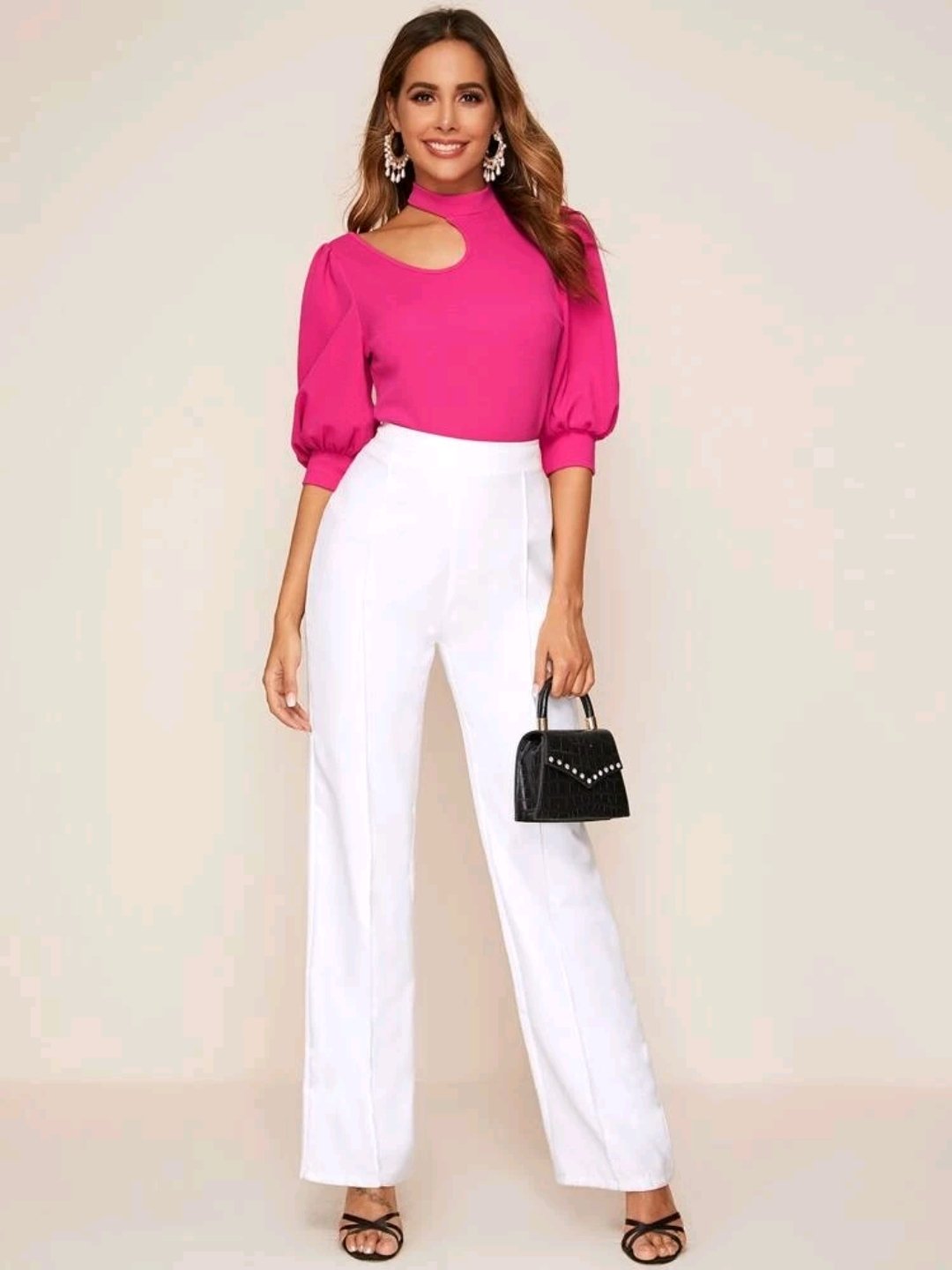 SHEIN Neon Pink Cutout Detail Puff Sleeve Top - Image 2