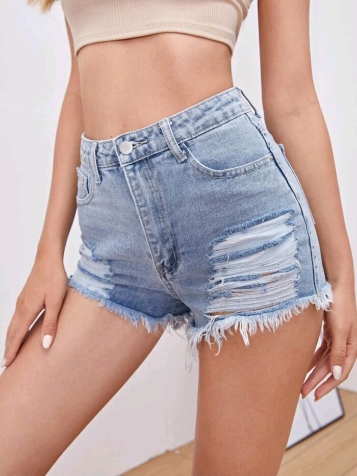 Ripped Raw Hem Denim Shorts