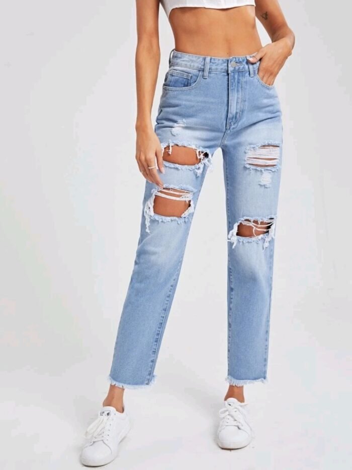 High Waist Ripped Raw Hem Jeans