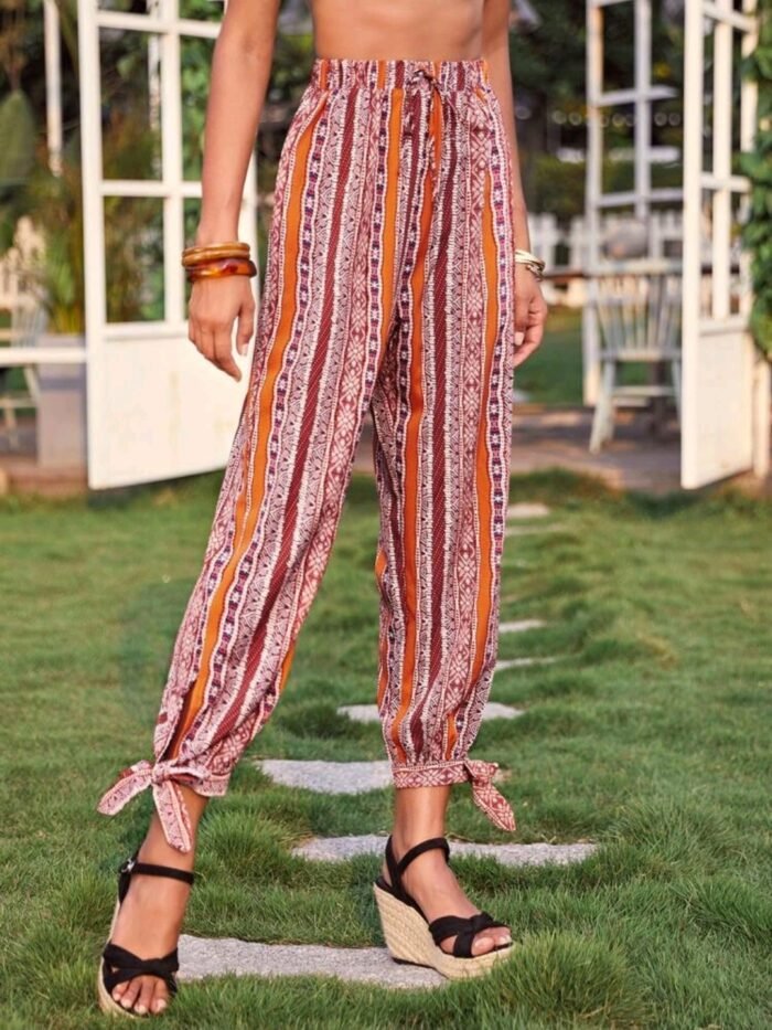 SHEIN Knotted Hem Mixed Print Pants
