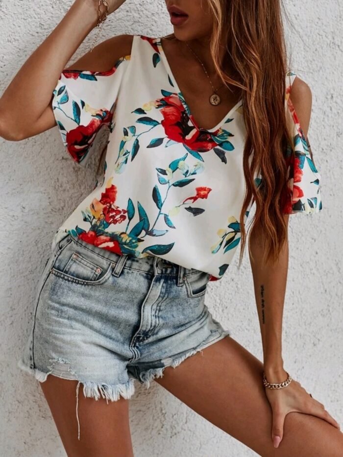 Floral Print Cold Shoulder Blouse