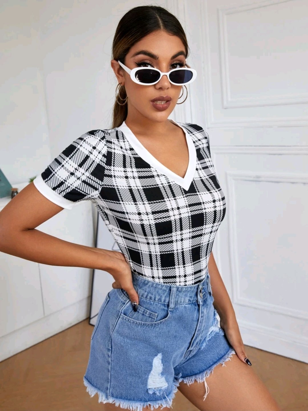 Plaid V-Neck Fitted Tee