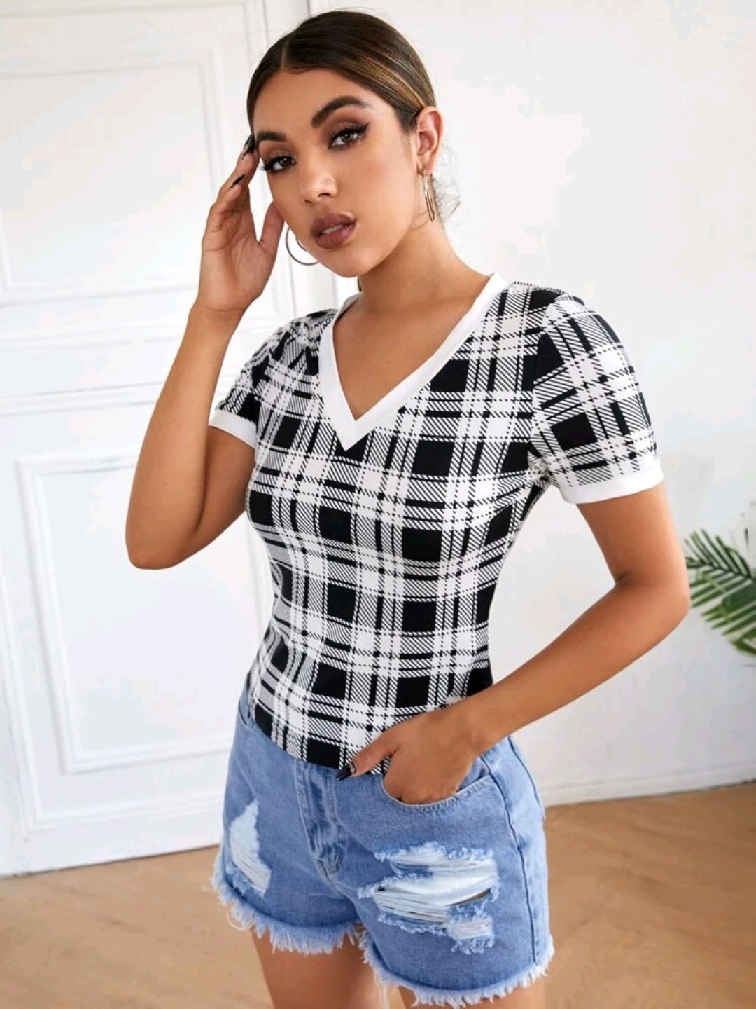 Plaid V-Neck Fitted Tee - Image 2