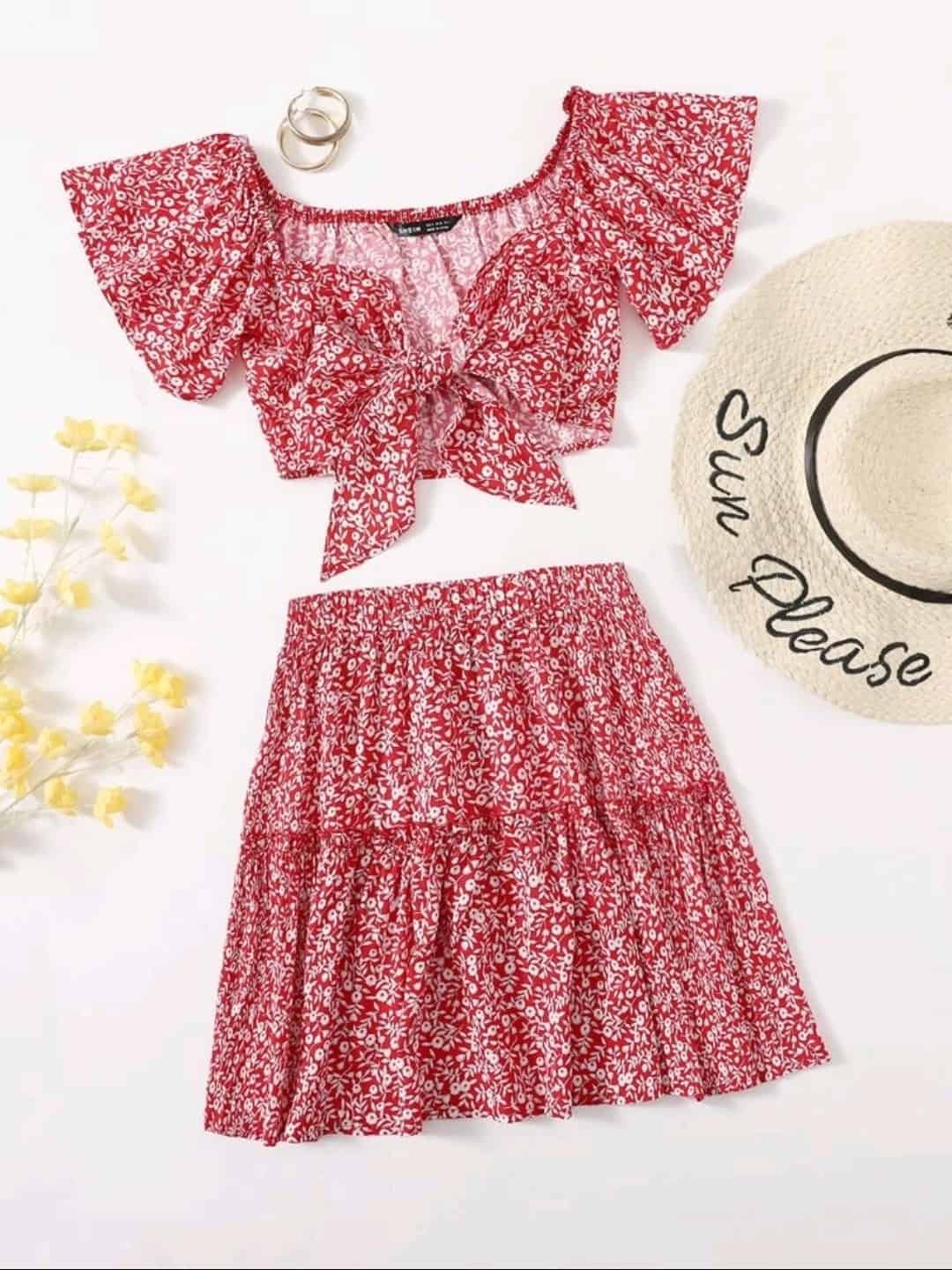 SHEIN Ditsy Floral Print Tie Front Top and Skirt Set