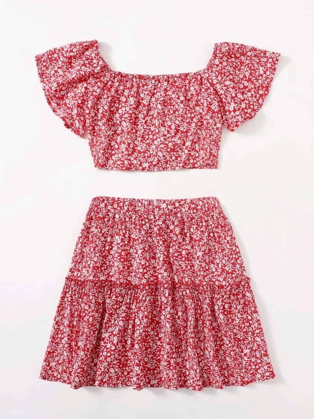 SHEIN Ditsy Floral Print Tie Front Top and Skirt Set - Image 5