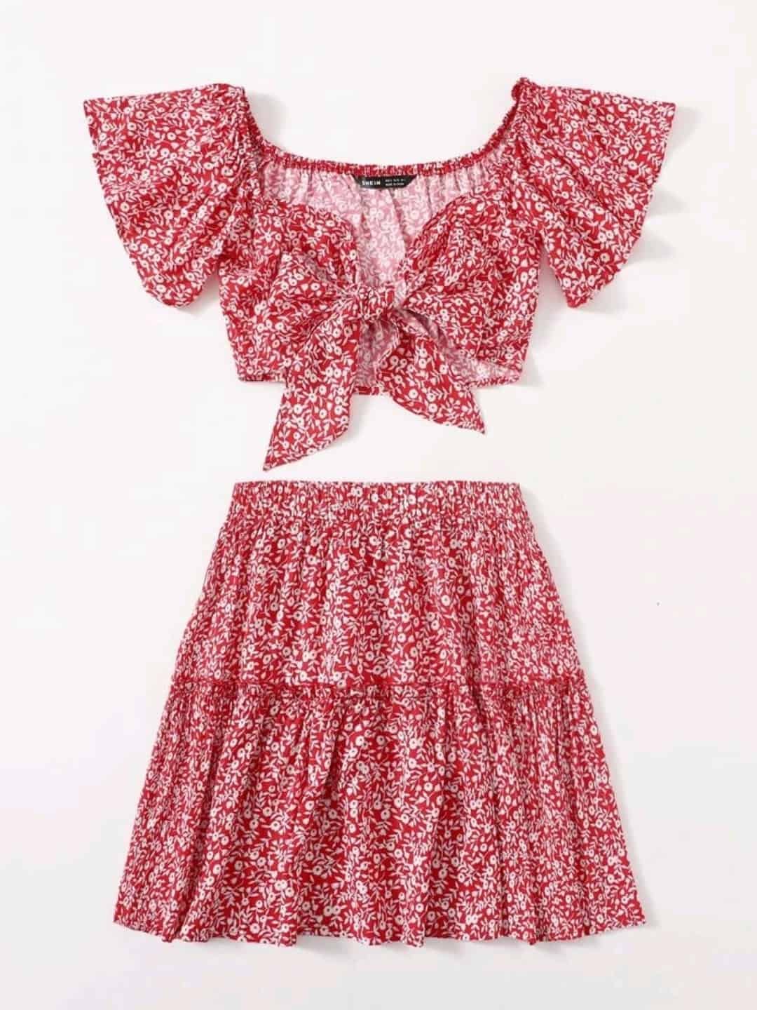 SHEIN Ditsy Floral Print Tie Front Top and Skirt Set - Image 4