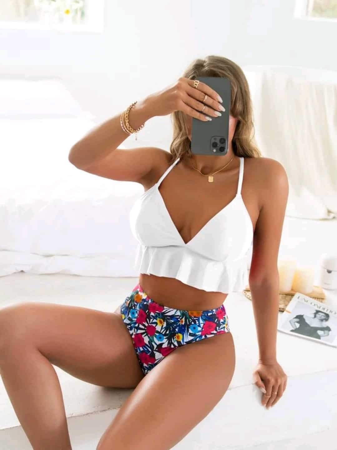 Floral & Tropical Ruffle Hem Bikini Swimsuit