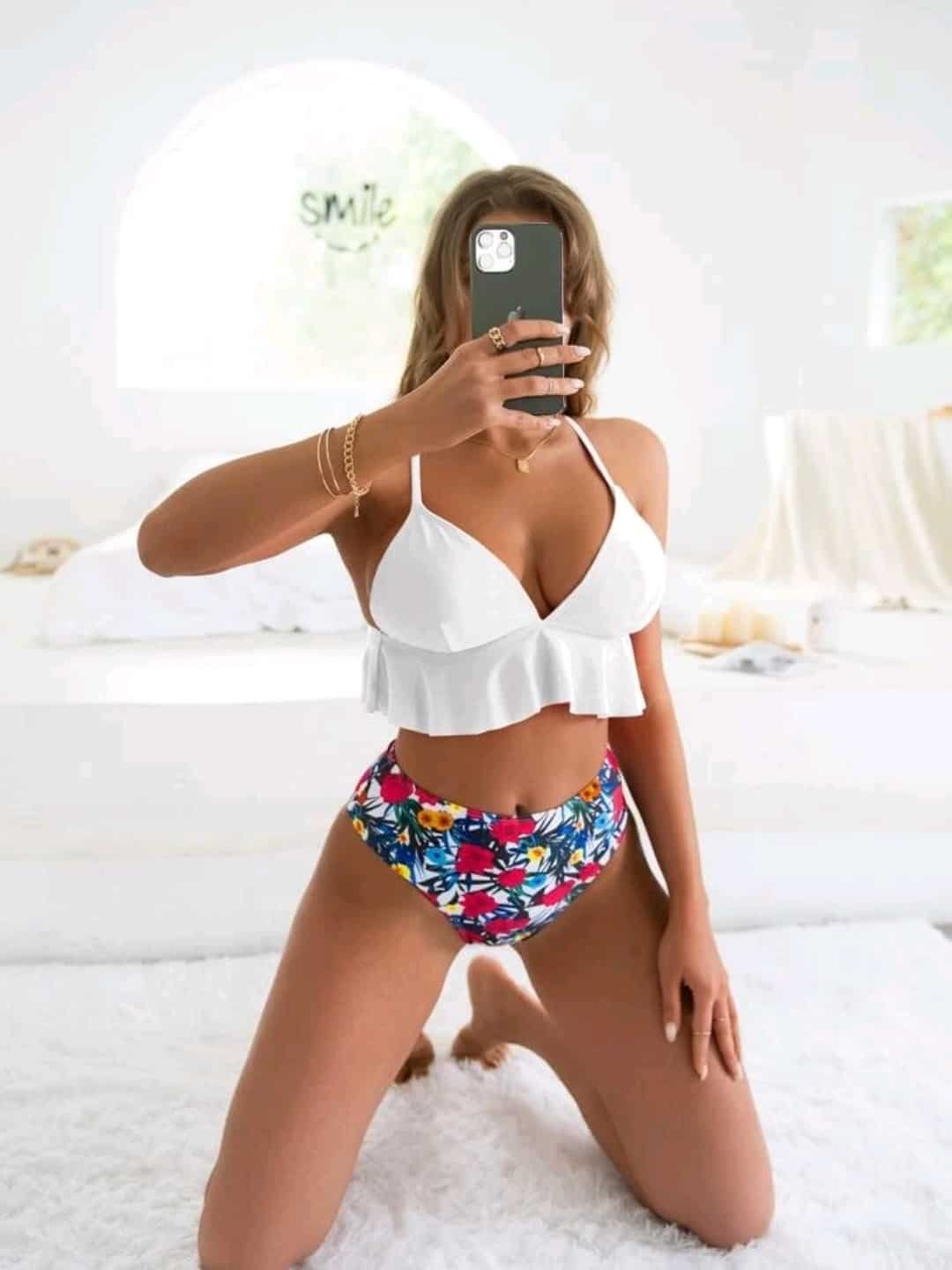 Floral & Tropical Ruffle Hem Bikini Swimsuit - Image 3