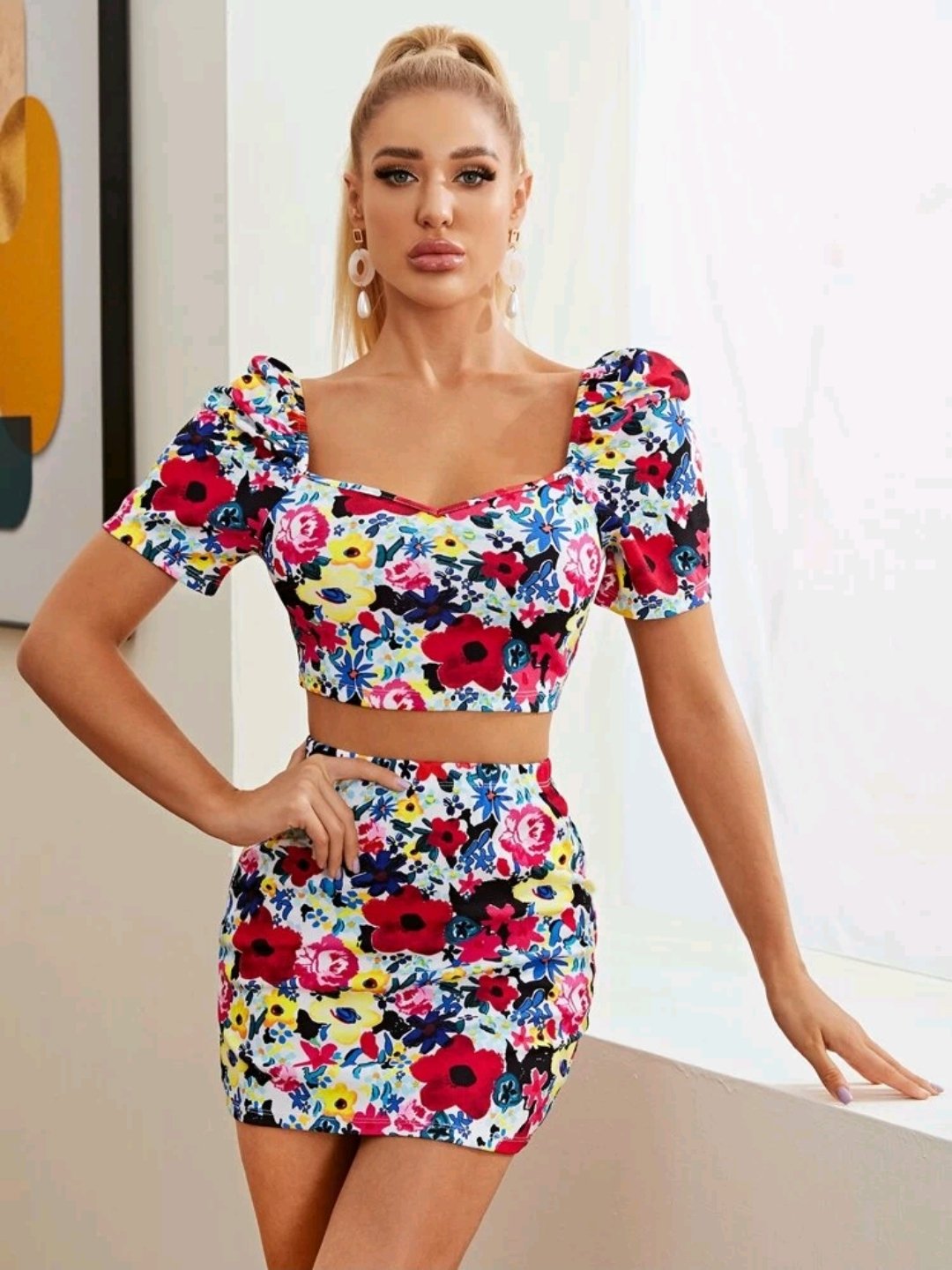 SHEIN Floral Print Sweetheart Neck Puff Sleeve Top and Skirt Set