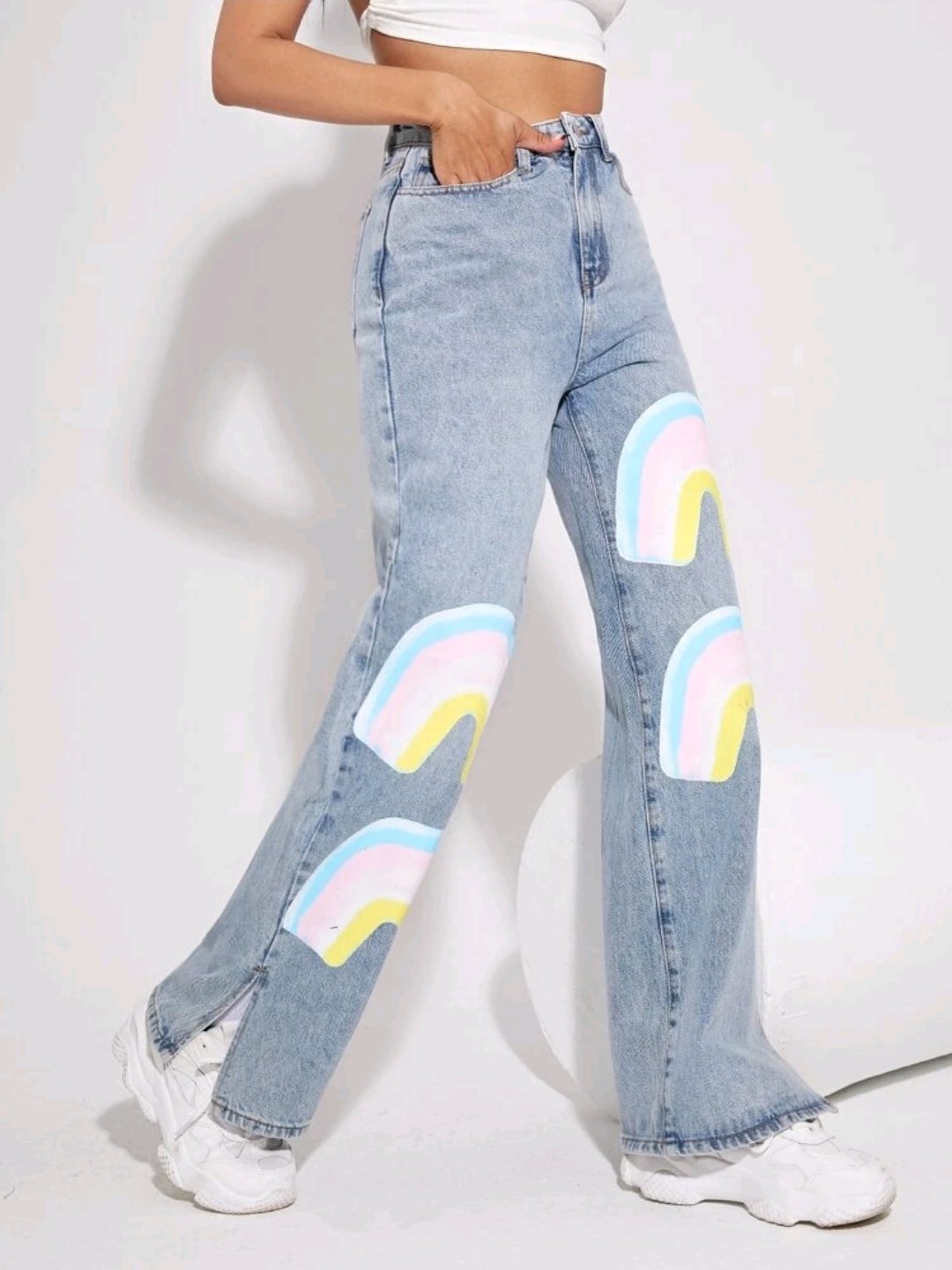 Rainbow Print Split Detail Wide Leg Jeans - Image 5