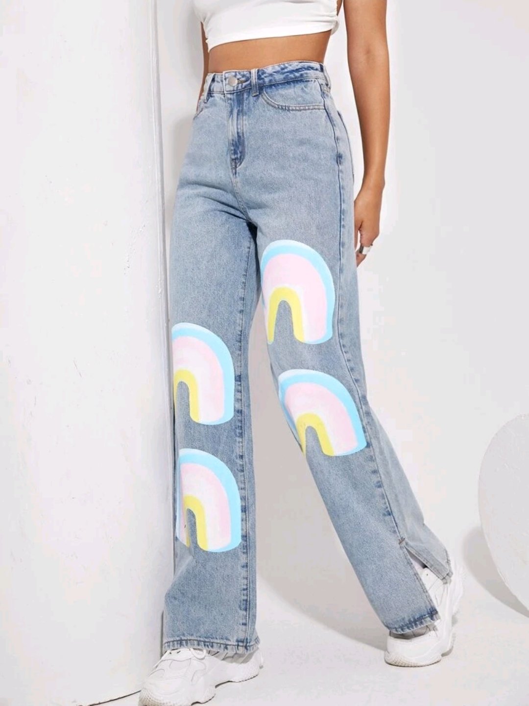 Rainbow Print Split Detail Wide Leg Jeans - Image 3