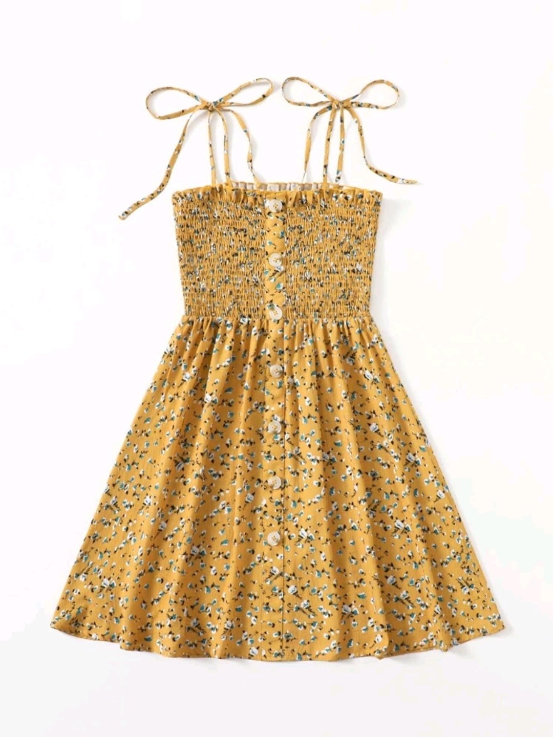 SHEIN Knot Strap Buttoned Front Shirred Bodice Ditsy Floral Dress - Image 4