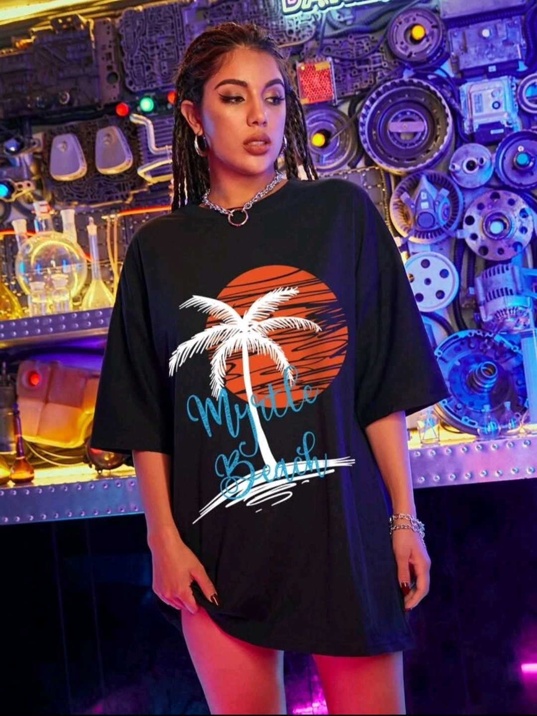 Tropical And Letter Graphic Oversized Tee